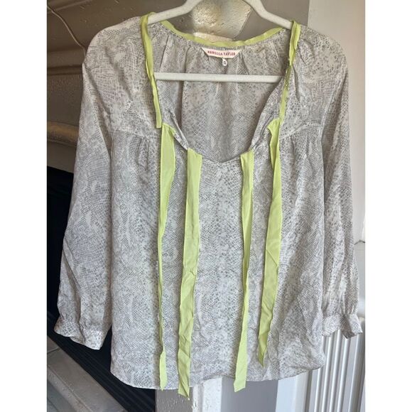 Rebecca Taylor Python Print Silk Blouse Fluorescent Neck Tie Grey Off White Sz 2 - Picture 5 of 10